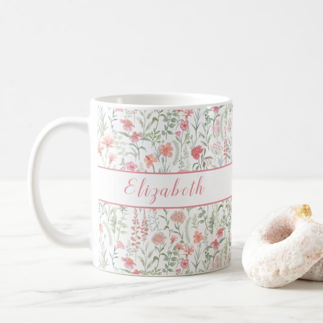 Taza De Café Pradera de Flores Silvestres Coquette Personalizad (Con donut)