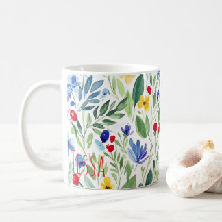 Taza De Café Prado de flores silvestres en acuarela arte azul y