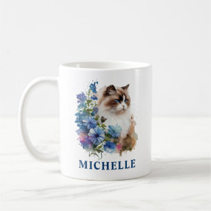 Taza De Café Precioso gato Ragdoll y flores azules en acuarela
