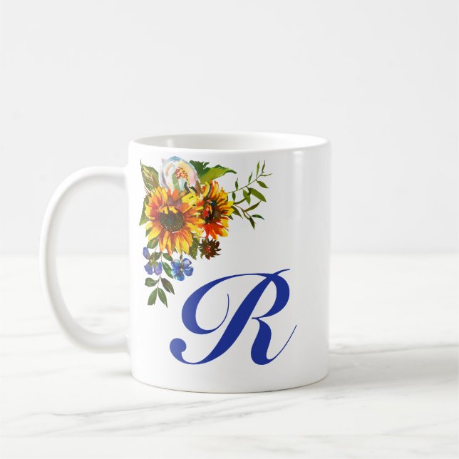 Taza De Café Precioso Monograma Azul Girasol Rústico (Izquierda)