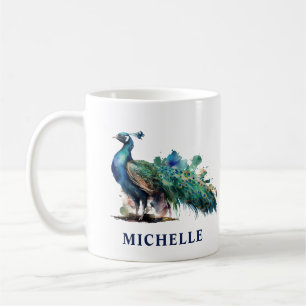 Taza De Café Precioso pavo real personalizado con acuarela