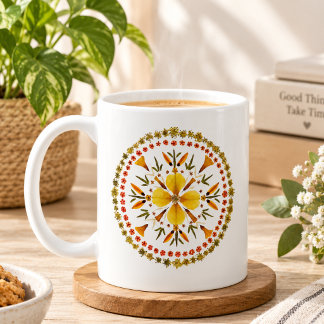 Taza De Café Prensa de Flor de Mandala Amarillo de Arte Origina