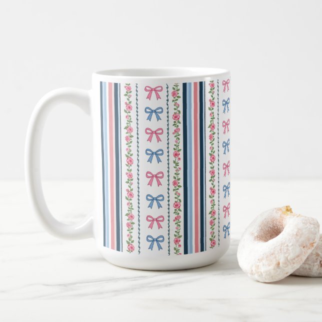 Taza De Café Preppy Blue Pink Bows Florals Striped Coquette (Con donut)
