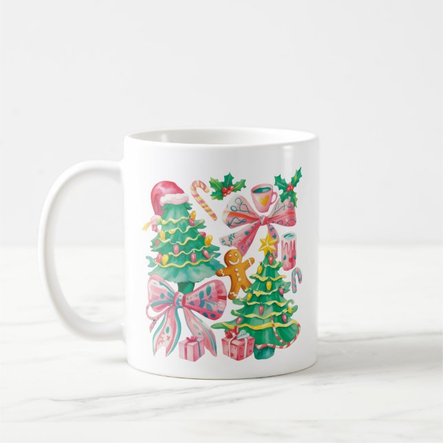 Taza De Café Preppy Christmas Tree Bow Pink Blue Coquette (Izquierda)