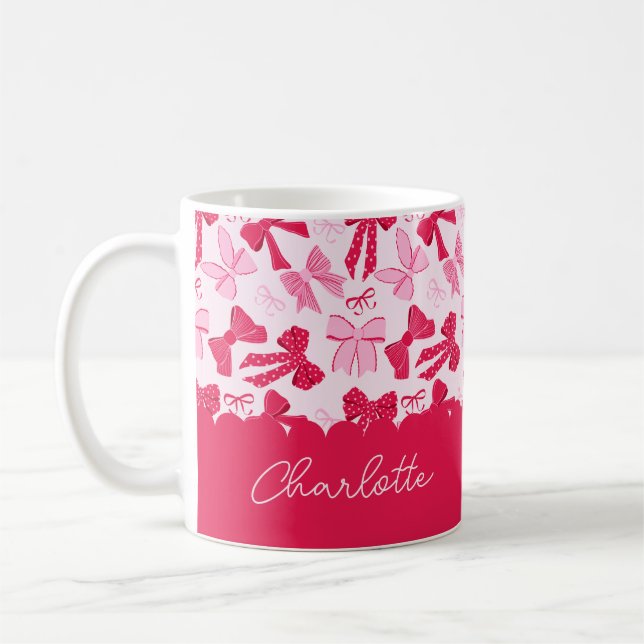 Taza De Café Preppy Hand Drawn Coquette Pink Red Bows (Izquierda)