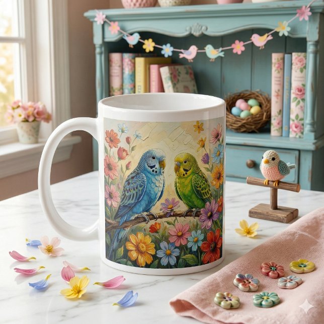 Taza De Café Pretty  Blue and Green Parakeets Personalized (Subido por el creador)