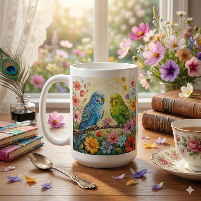 Taza De Café Pretty  Blue and Green Parakeets Personalized (Subido por el creador)