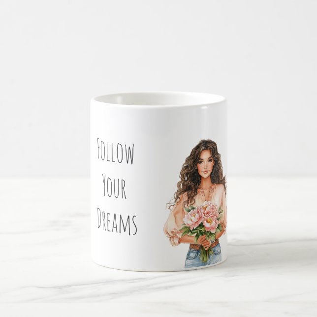 Taza De Café Pretty Peach Floral Dreams Brown Hair Lady (Centro)