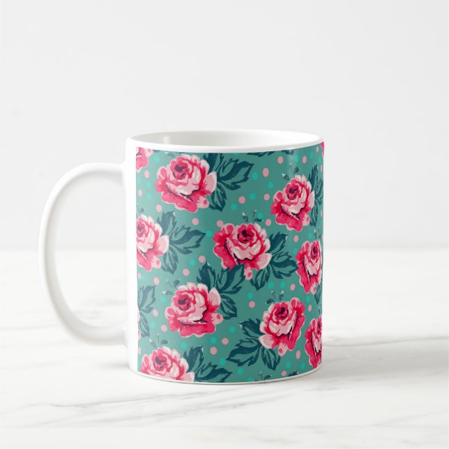 Taza De Café Pretty Pink Roses and Polka Dot Pattern on Teal (Izquierda)