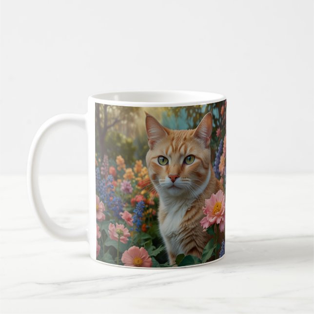 Taza De Café Pretty white orange cat in floral garden (Izquierda)