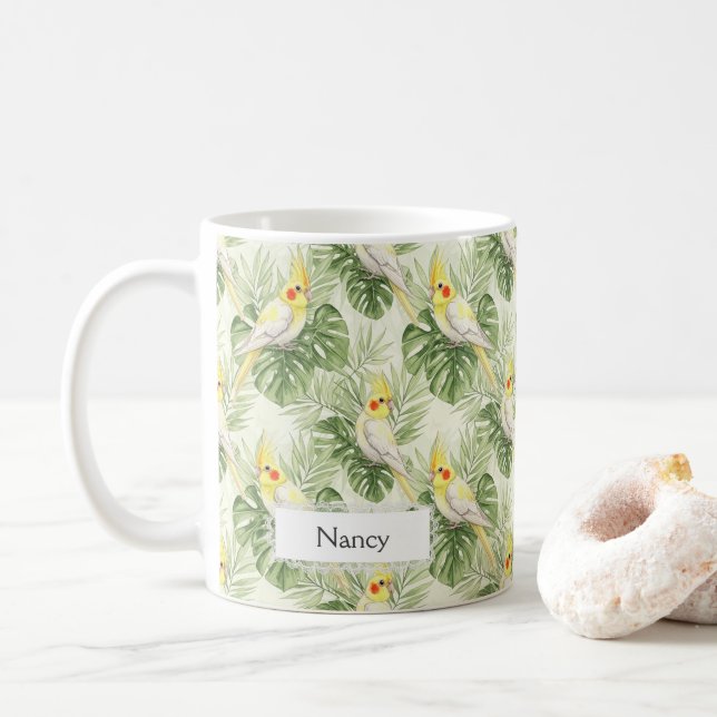 Taza De Café Pretty Yellow and White Cockatiel Pet Bird Custom  (Con donut)