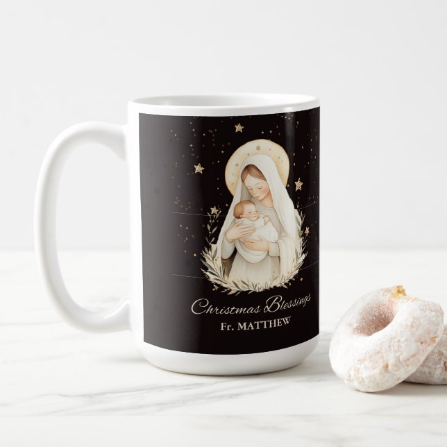 Taza De Café Priest Christmas Blessings Madonna Child Black (Con donut)