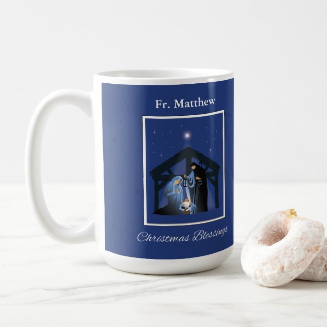 Taza De Café Priest Christmas Blessings, Nativity Scene on Blue (Con donut)