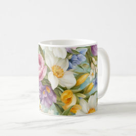 Taza De Café Primavera. Narciso, jacintos, tulipanes, huevos de