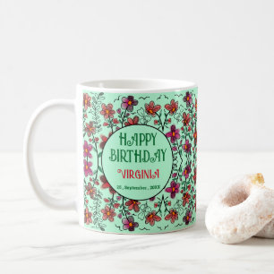 TAZA DE CAFÉ PRIMAVERA ÚNICA DOODLE ROJO FLORES CUMPLEAÑOS