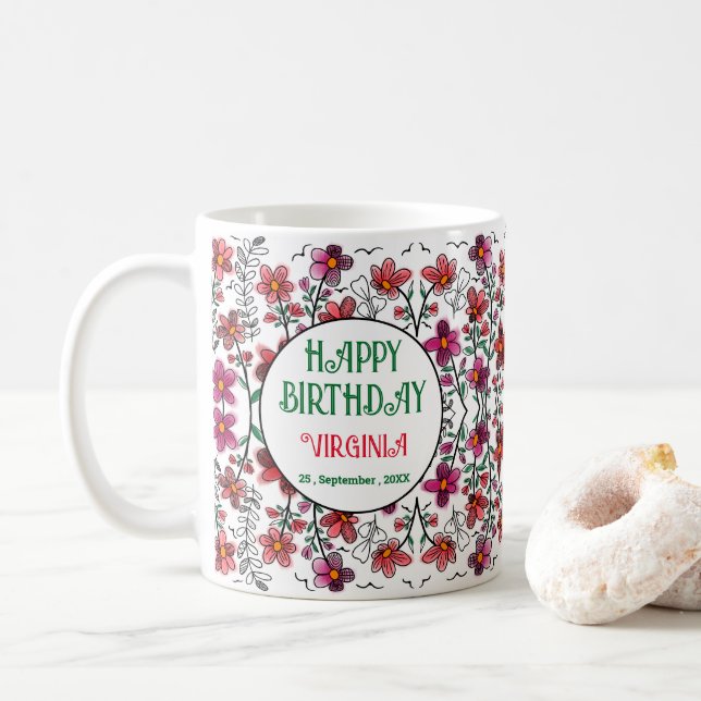 TAZA DE CAFÉ PRIMAVERA ÚNICA DOODLE ROJO FLORES CUMPLEAÑOS (Con donut)