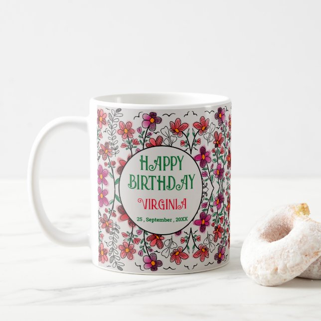TAZA DE CAFÉ PRIMAVERA ÚNICA DOODLE ROJO FLORES CUMPLEAÑOS (Con donut)