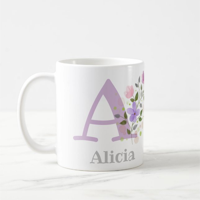 Taza De Café Primer Abigail con nombre inicial más flores (Izquierda)