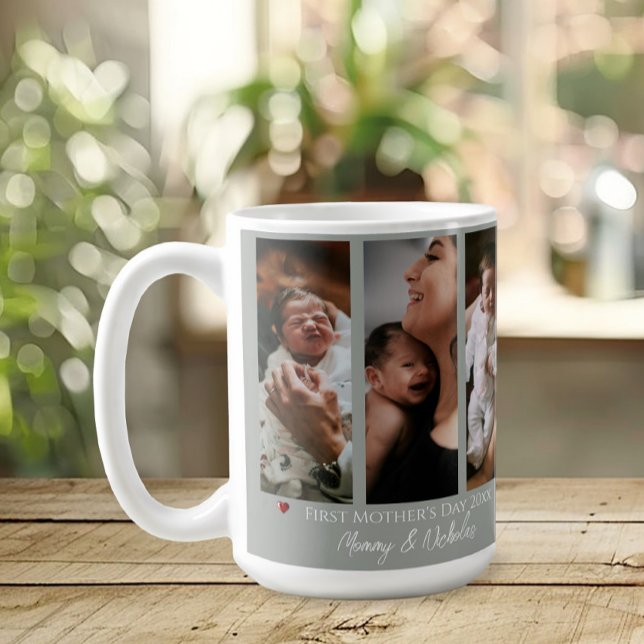 Taza De Café Primer Día de la Madre Tres Collages de fotos Sage (Sage Green First Mother's Day Three Photo Collage Coffee Mug)