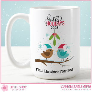 Taza De Café Primer Navidad Casados Pájaros del Amor
