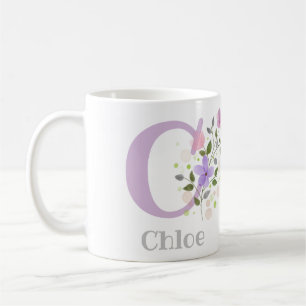 Taza De Café Primer nombre inicial más Chloe con flores