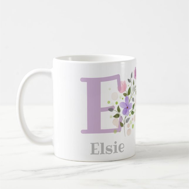 Taza De Café Primer nombre inicial más Elsie con flores (Izquierda)