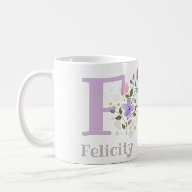Taza De Café Primer nombre inicial más Felicity con flores (Izquierda)