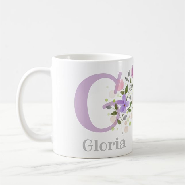 Taza De Café Primer nombre inicial más Gloria con flores (Izquierda)