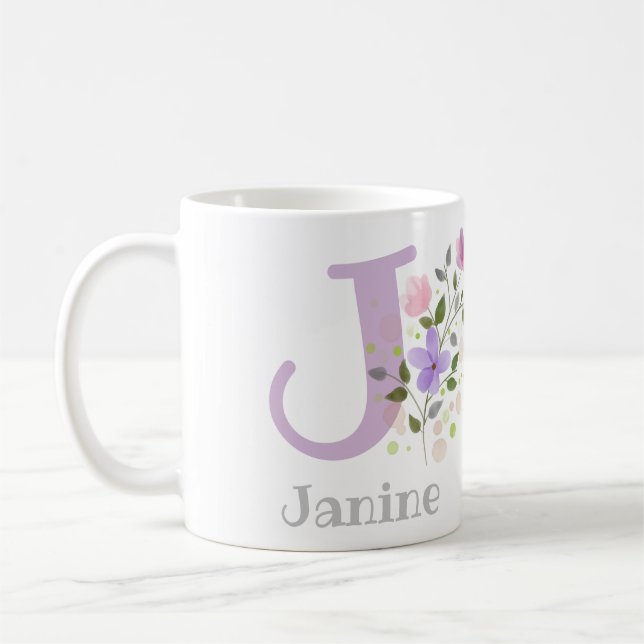 Taza De Café Primer nombre inicial más Janine con flores (Izquierda)