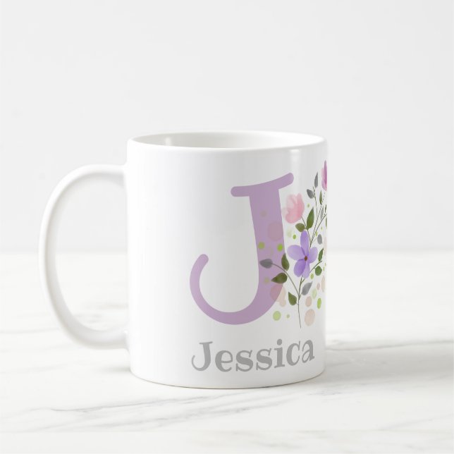 Taza De Café Primer nombre inicial más Jessica con flores (Izquierda)