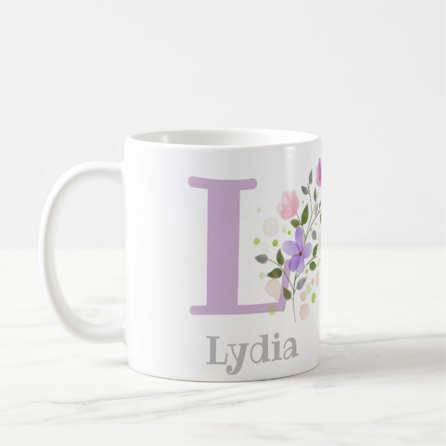 Taza De Café Primer nombre inicial más nombre con flores (Izquierda)