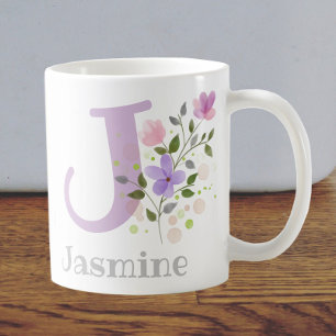 Taza De Café Primer nombre inicial más nombre jazmín con flores