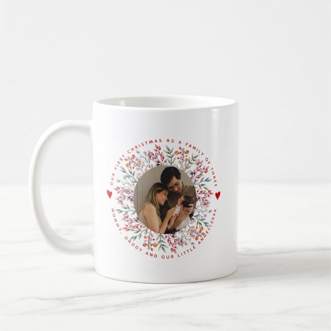 Taza De Café Primera familia navideña de tres fotos fronterizas (Izquierda)