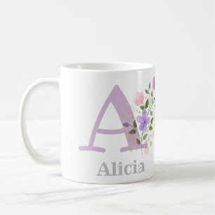 Taza De Café Primera inicial más nombre Abigail con flores