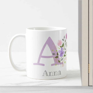 Taza De Café Primera Inicial Más Nombre Anna con Flores