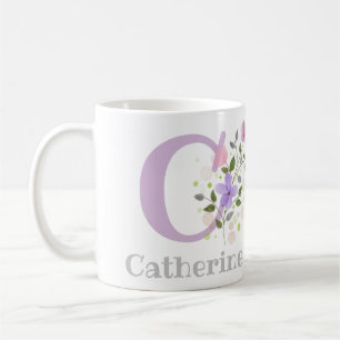 Taza De Café Primera inicial más nombre Catherine con flores