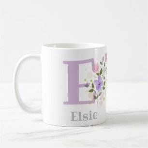 Taza De Café Primera inicial más nombre Elsie con flores