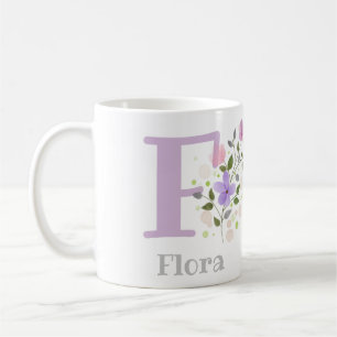 Taza De Café Primera inicial más nombre Flora con flores