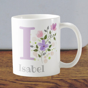 Taza De Café Primera Inicial Más Nombre Isabel con Flores