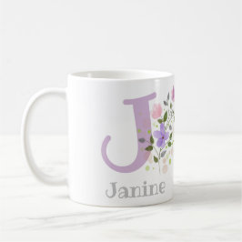 Taza De Café Primera Inicial Más Nombre Janine con Flores