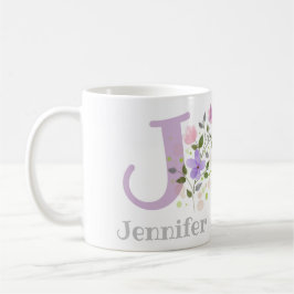 Taza De Café Primera inicial más nombre Jennifer con flores