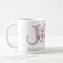 Taza De Café Primera inicial más nombre Jessica con flores