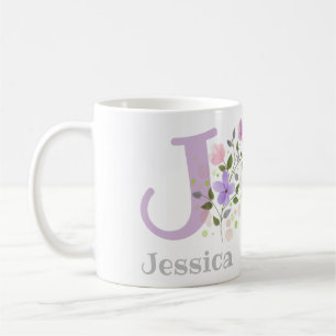 Taza De Café Primera inicial más nombre Jessica con flores