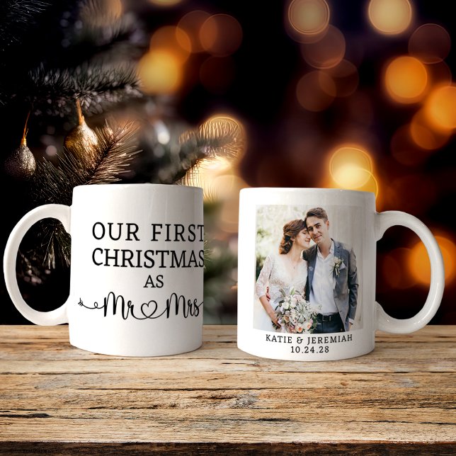 Taza De Café Primera Navidad como Sr. y Sra. Photo (First Christmas as Mr. and Mrs. Holiday Photo Mug)