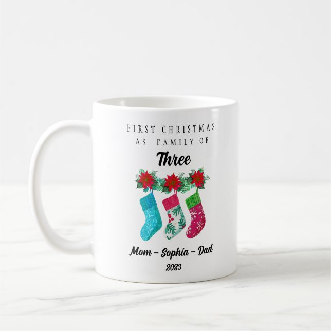 Taza De Café Primera Navidad personalizada como familia de tres (Izquierda)