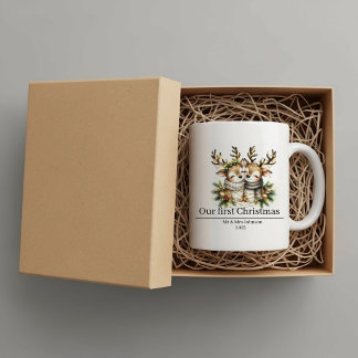 Taza De Café Primera Navidad personalizada, renos, recién casad