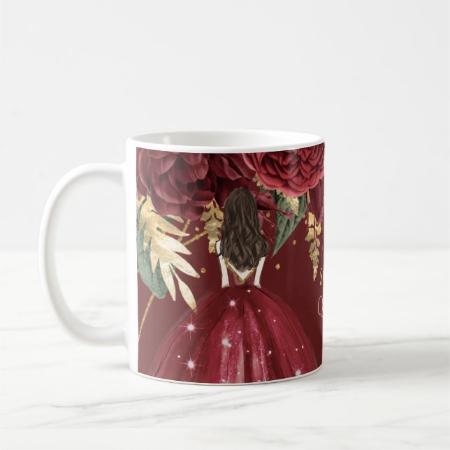 Taza De Café Princesa floral de oro de Borgoña Quinceanera (Izquierda)