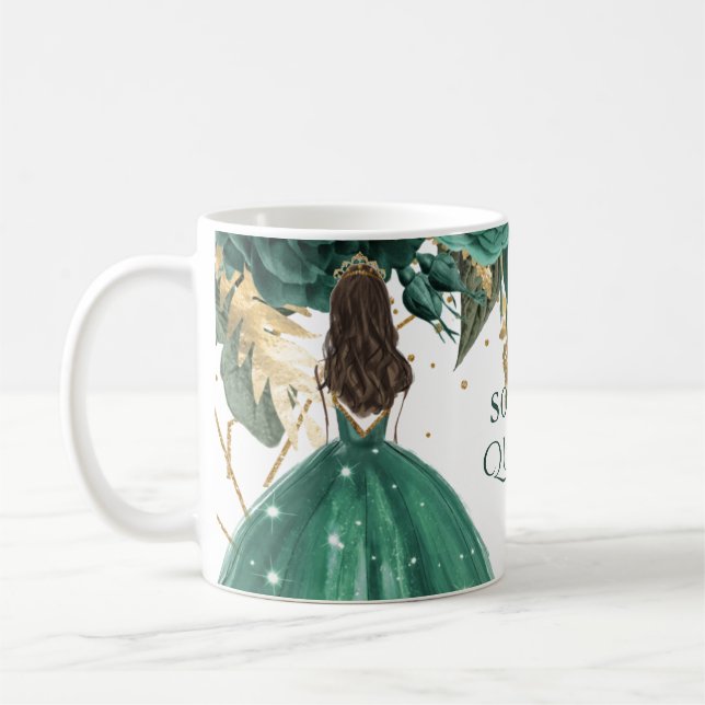 Taza De Café Princesa floral de oro verde esmeralda Quinceanera (Izquierda)