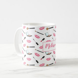 Taza De Café Productos de Maquillaje y Labios Rosados Nombre Pe