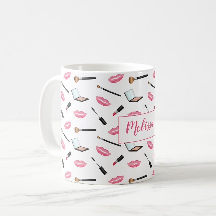 Taza De Café Productos De Maquillaje Y Lips Rosadas Nombre Pers Taza De Café Productos De Maquillaje Y Lips Rosadas Nombre Pers